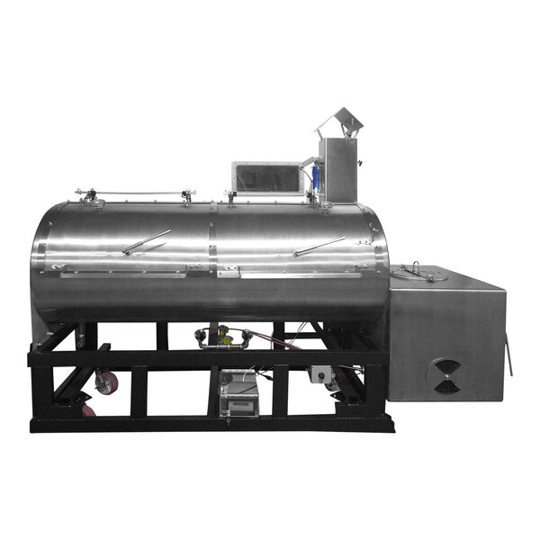 A large stainless steel Cajun Custom Cookers Cattleman smoker grill.
