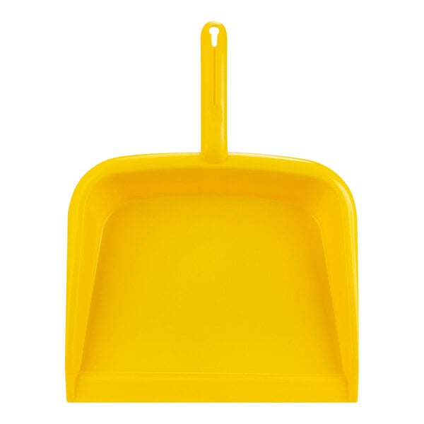 A yellow plastic dustpan with a handle and a square edge.