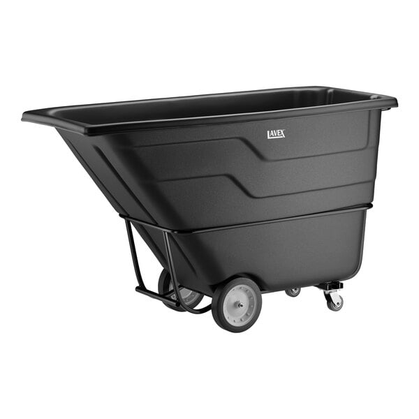 A black standard-duty tilt truck or trash cart with a 1.5 cubic yard capacity and wheels for easy transport.