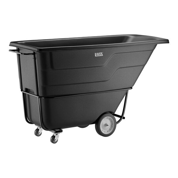 A large black standard-duty tilt truck or trash cart with four wheels and a 1.5 cubic yard capacity.