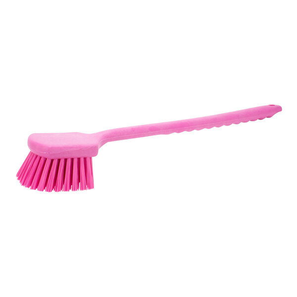 A pink Carlisle Sparta pot scrub brush with a long handle.