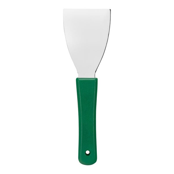 A green rectangular Carlisle steel scraper with a white background.