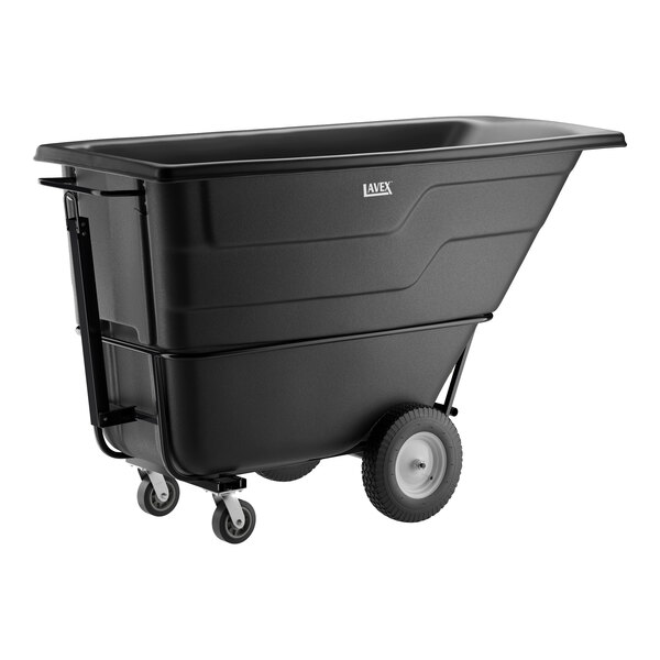 A large black heavy-duty tilt truck or trash cart with a 1.5 cubic yard capacity and four wheels, designed for towing and transporting heavy loads.