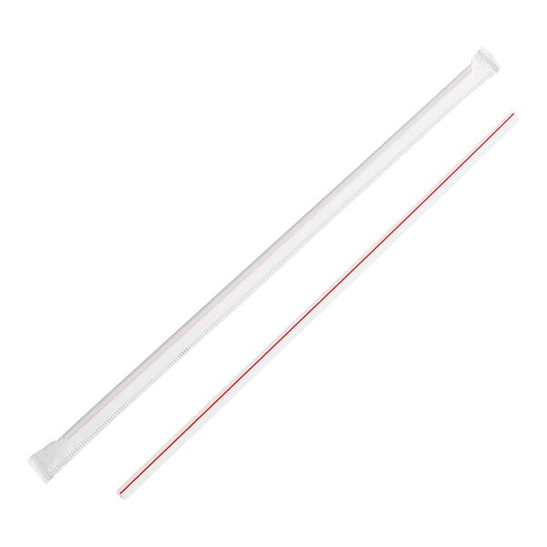 A white plastic straw with red stripes.