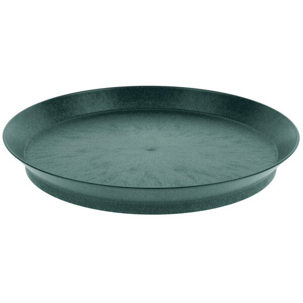 A green round polypropylene tray with a circular rim and short base.