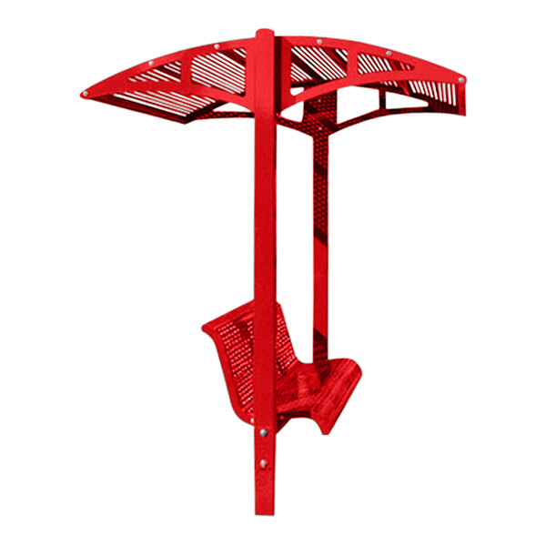 A red metal Paris Site Furnishings park bench with a canopy and square perforations.