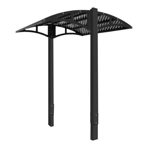 A Paris Site Furnishings black steel canopy with square perforations.