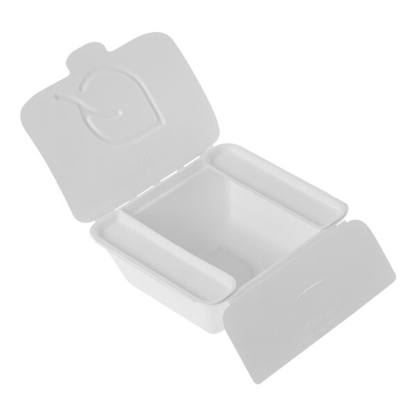 A white Eco-Products Folia compostable container with a lid on it.