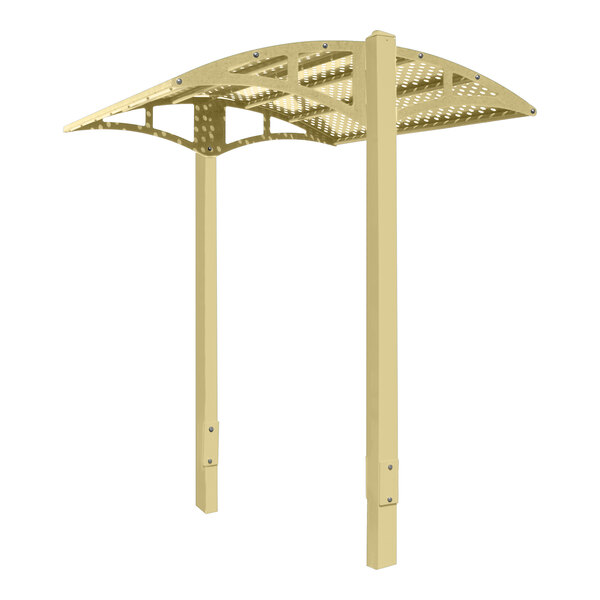 A white rectangular steel canopy with circular perforations over a yellow pergola.