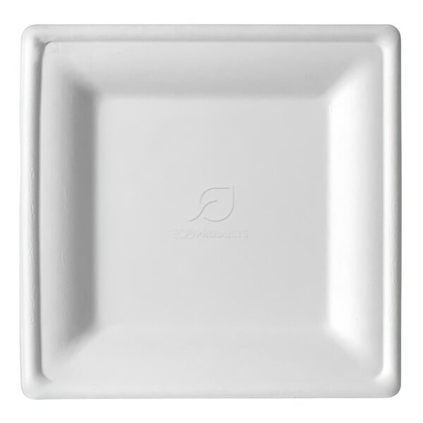 An Eco-Products square white sugarcane plate with a logo.