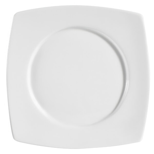 A bright white porcelain round plate with a square shape.