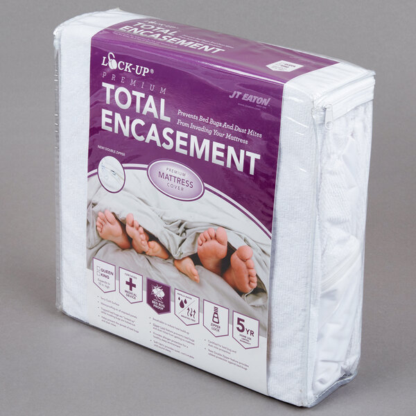 A white package with JT Eaton Premium Queen Size Bed Bug Proof Mattress Cover on a white background.