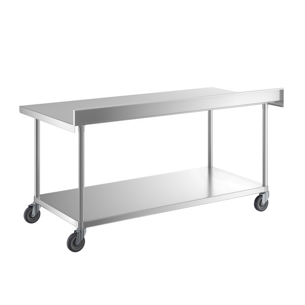 A Regency stainless steel work table with casters.