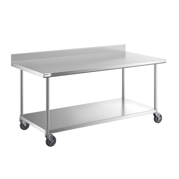 A stainless steel work table with a backsplash, undershelf, and four caster wheels.