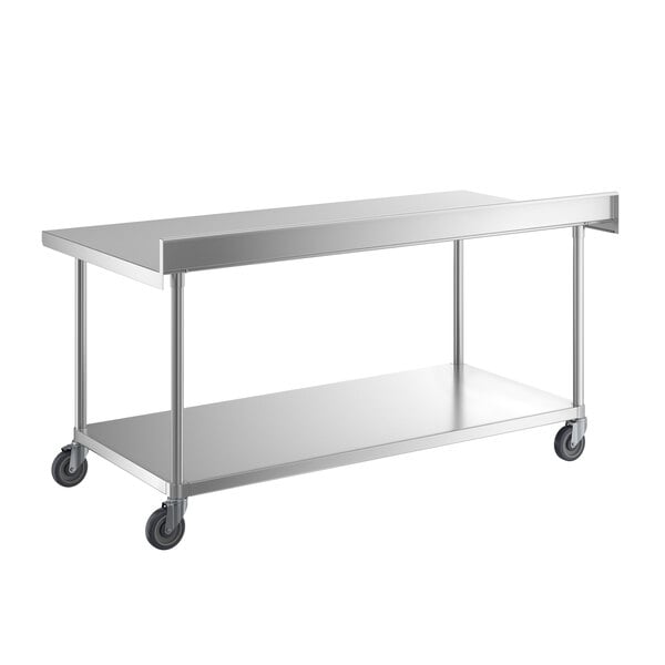 A stainless steel work table with a lower shelf, a 4-inch backsplash, and four caster wheels.