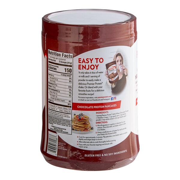 A close up of a container of Premier Protein Chocolate Milkshake protein powder.