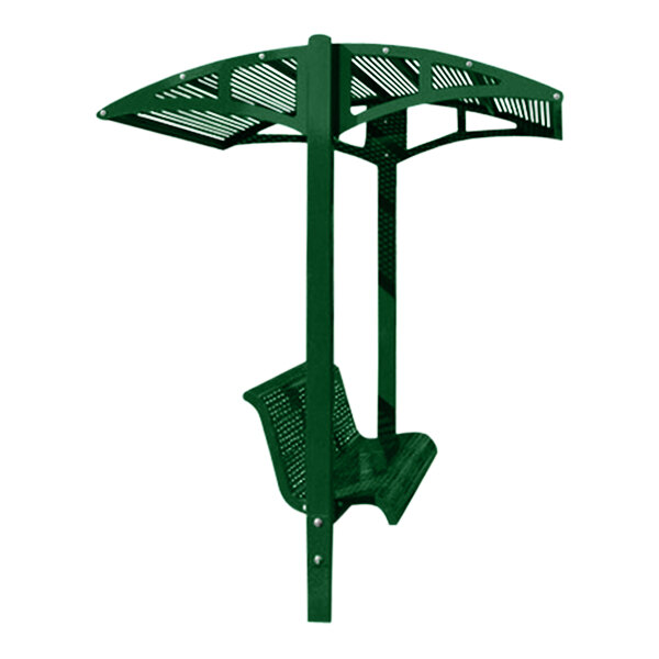 A green metal bench with a canopy.