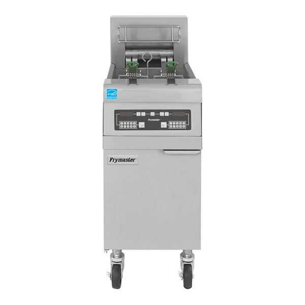 A Frymaster electric floor fryer with digital controls on a counter.