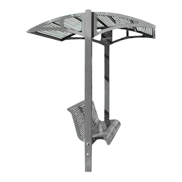 A Paris Site Furnishings metal inground park bench with a canopy.