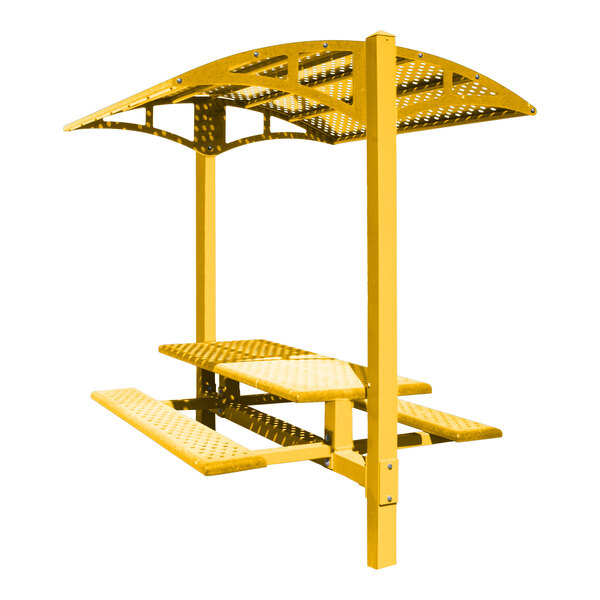 A Paris Site Furnishings yellow picnic table with a solid canopy.