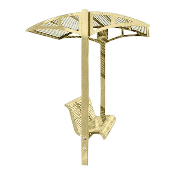 A Paris Site Furnishings beige metal park bench with a canopy.