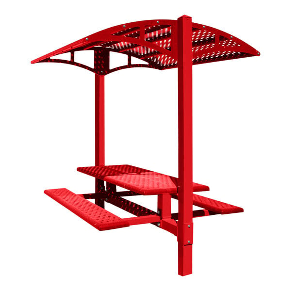 A Paris Site Furnishings red metal picnic table with a canopy over it.