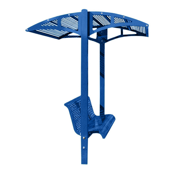 A blue metal Paris Site Furnishings inground park bench with a canopy.