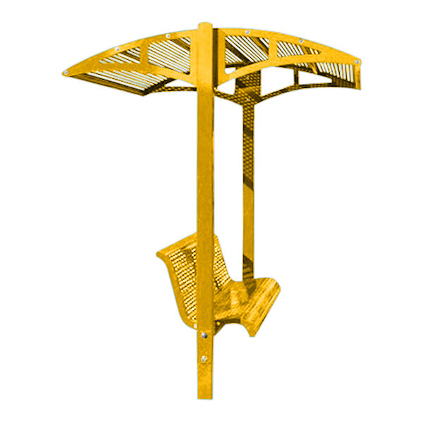 A yellow metal Paris Site Furnishings Shade Series inground mounted park bench with canopy.