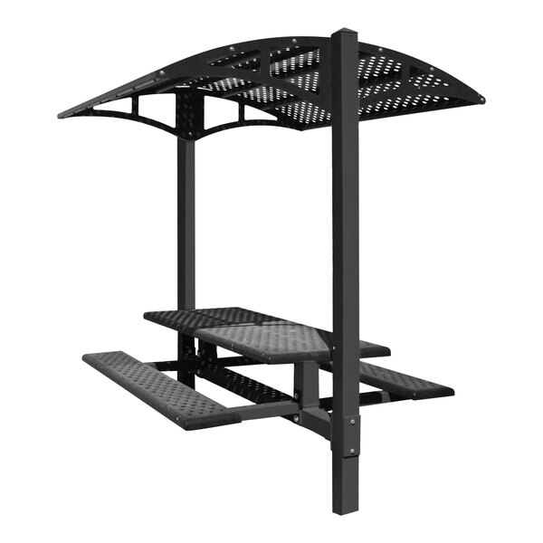 A black metal Paris Site Furnishings inground picnic table with a canopy over it.