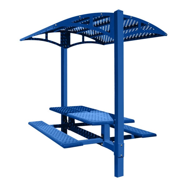 A Paris Site Furnishings blue metal picnic table with canopy and Moroccan perforations.