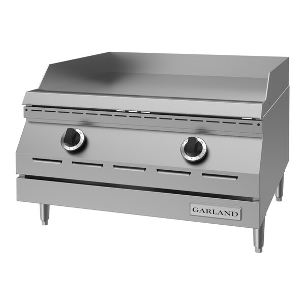 A stainless steel electric countertop griddle with two control knobs and a backsplash, designed for commercial kitchen use.