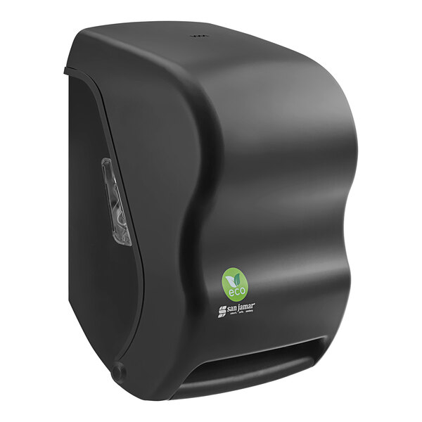 A black San Jamar Tear-N-Dry EcoLogic hand towel dispenser.