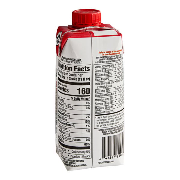 A Premier Protein Strawberries & Cream Protein Shake carton with nutrition information on it.
