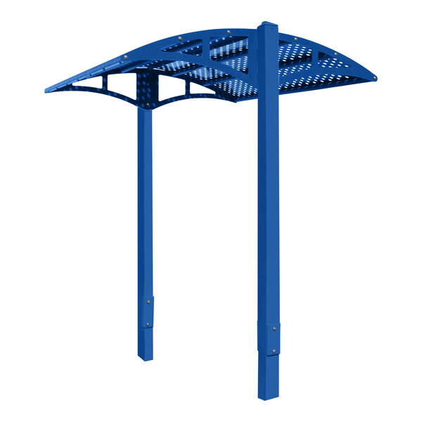 A blue metal structure with a curved roof and two poles.