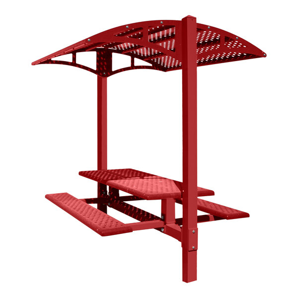 A Paris Site Furnishings red picnic table with canopy and basket weave perforations.