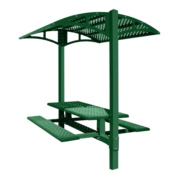 A Paris Site Furnishings Moss Green picnic table with a green canopy and Moroccan perforations.