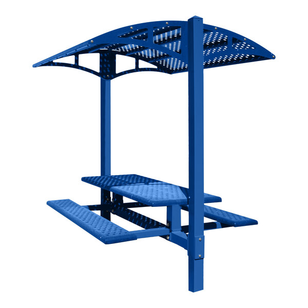 A Paris Site Furnishings blue metal picnic table with a canopy and circular perforations.