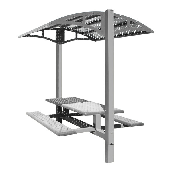 A Paris Site Furnishings metal picnic table structure with a canopy over it.