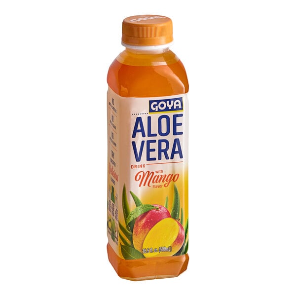 A case of Goya Mango Aloe Vera juice bottles with white labels with blue and orange text.
