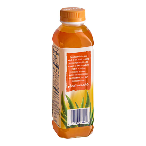 A case of Goya Mango Aloe Vera juice bottles.