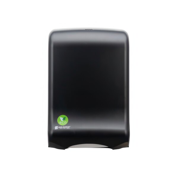 A black rectangular San Jamar Ultrafold towel dispenser with a green logo.