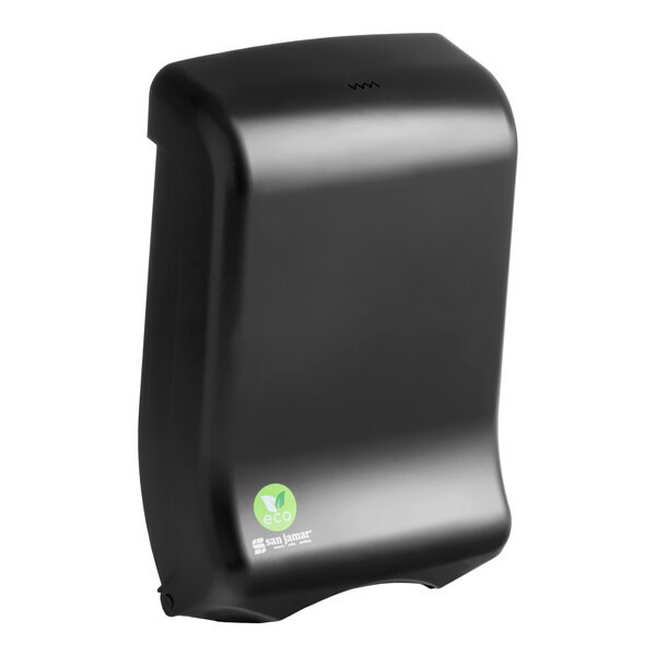 A black San Jamar Ultrafold EcoLogic T1700REBK C-Fold and Multi-Fold paper towel dispenser.
