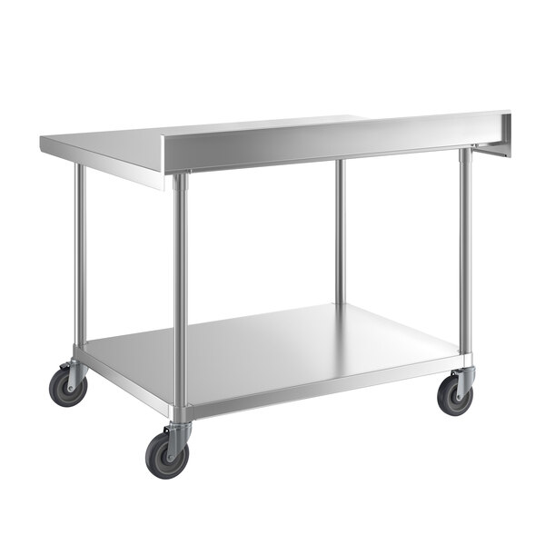 A stainless steel work table with a backsplash, undershelf, and four caster wheels.