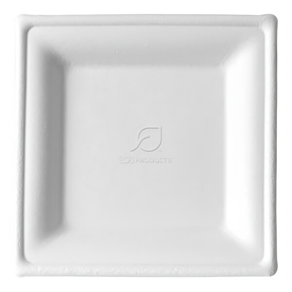 A white square Eco-Products plate with a logo.