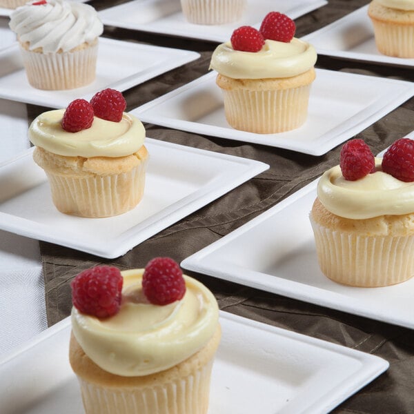 A white, square, compostable sugarcane plate measuring 6 inches by 6 inches.