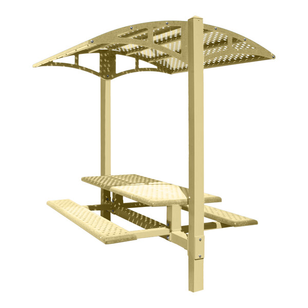 A Paris Site Furnishings Beige Surface Mounted Picnic Table with Canopy and Moroccan Perforations.