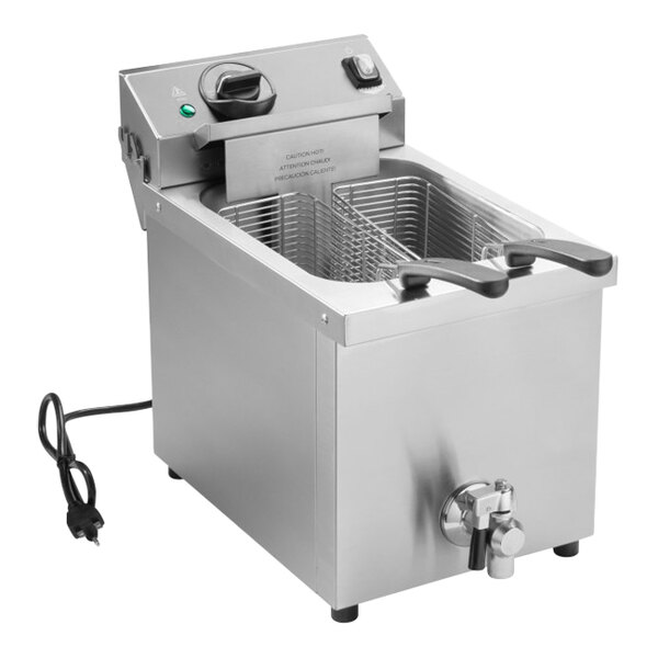 A Vollrath commercial countertop electric deep fryer with a cord and a drain.