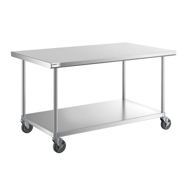 A stainless steel work table with an undershelf and four caster wheels, designed for mobility and utility.