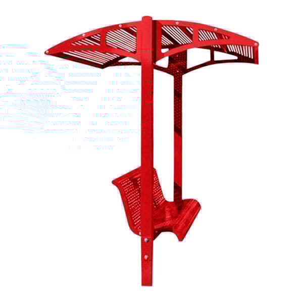 A red metal Paris Site Furnishings park bench with a canopy and horizontal slot perforations.
