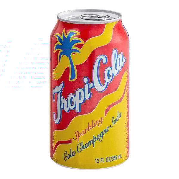 A Goya Tropi-Cola can with yellow and red design on white background.